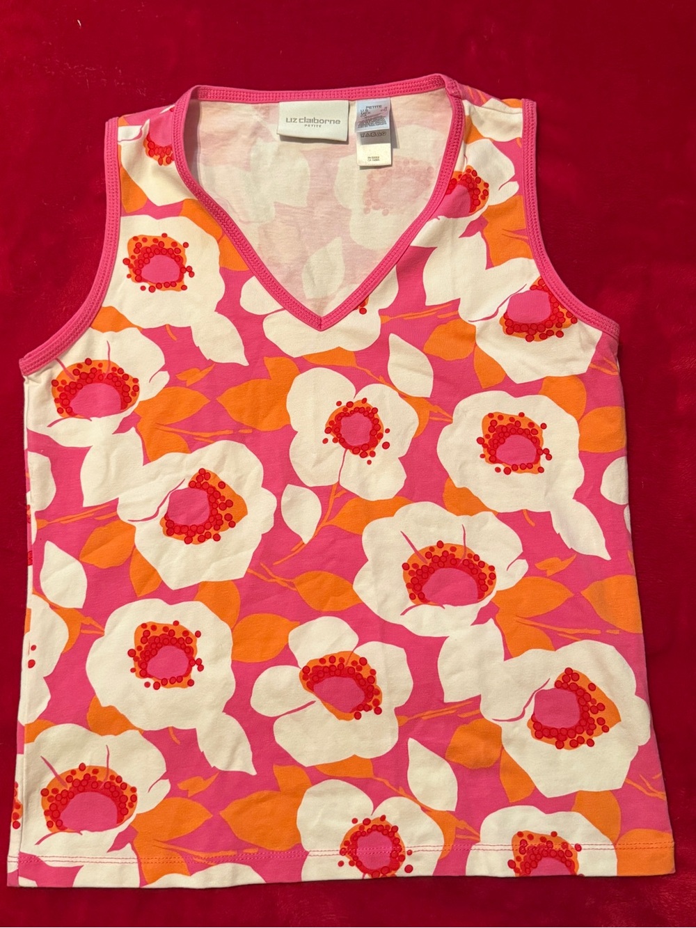 Liz Claiborne Floral Tank Top Size Petite Small Y2K Retro Mod Pink Orange V-Neck